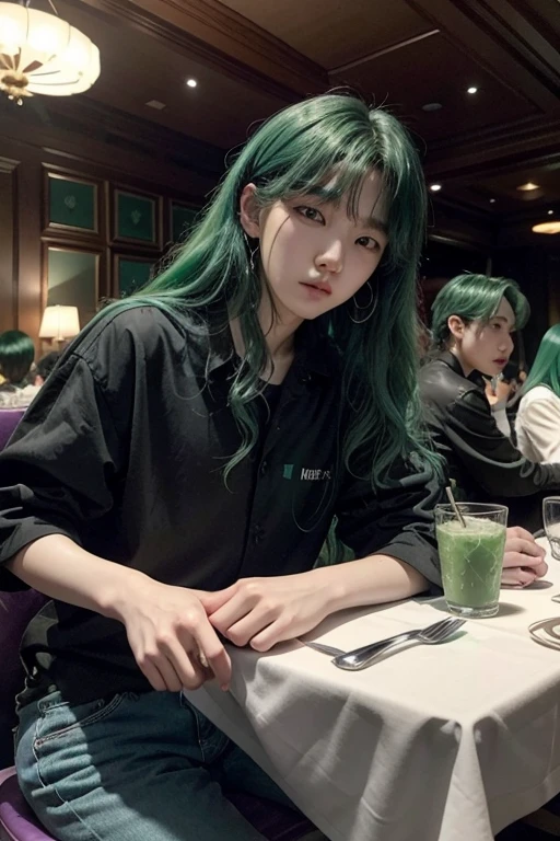 Min Yoongi from korean group bts with green mint hair dressed in black colour, in a date with a american girl with white skin, blue eyes and long curly hair dressed with a purple shirt and black jeans dinning in a luxurious restaurant