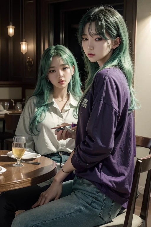 Min Yoongi from korean group bts with green mint hair dressed in black colour, in a date with a american girl with white skin, blue eyes and long curly hair dressed with a purple shirt and black jeans dinning in a luxurious restaurant