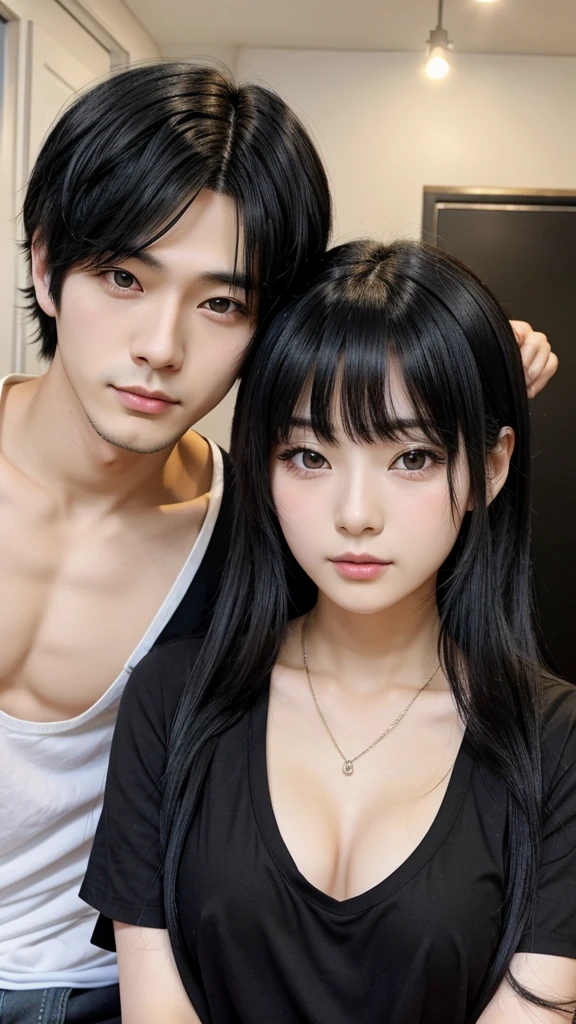 nsfw,1 boy, A boy is grabbing a girl from behind,chest,Beautiful Skin,(Nipples),Sex,(standing behind)、Don'Don'Do not cover the lower body、(Have pubic hair,opening)、Japanese Girls、18-year-old,flat chest,highest quality、masterpiece、Highly detailed face、Beautiful Face、The best smile、Brown long hair,Boys have short hair,The boy is muscular,naked