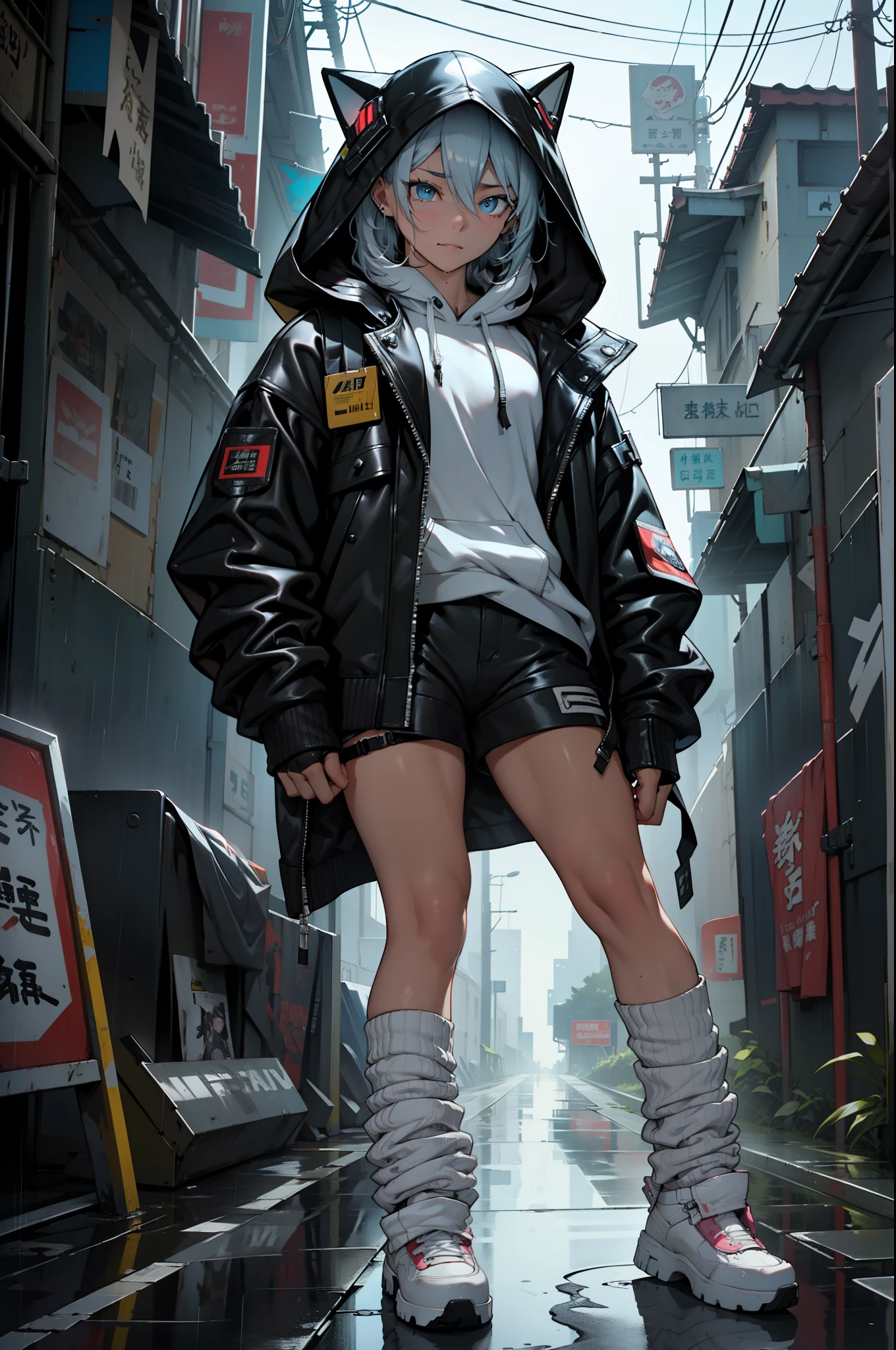Esbian all over、One Girl、Empty、Cute eyes、Well-proportioned facial features、Kamimei、Red face、Black Mask+Black mask with veloout、(Highest quality、8K resolution、masterpiece:1.3)、Focus Section: 1.2、Delicate and beautiful body 1.4、is 1.2、golden short hair 1.2、Chest 1.2、Wet clothes 1.1、rain、Street 1.3、Bando Dress 1.1、Highly detailed skin texture、I narrowed my eyes.、double eyelid、Whitening skin、Shutdown 1.3、black open finger gloves、Black leather jacket and black leather shorts、Knee-high boots、White loose socks、Digital cyber punkアート、cyber punk、Wearing a hoodie、cyber punkアート、Clear bright blue eyes、Cleans the whites of the eyes。