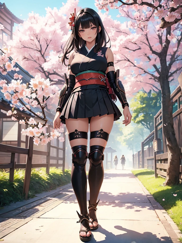 ((1girl, solo)), beautiful body, (perfect anatomy, perfect body, perfect hands, perfect legs), (five fingers:1.5), natural proportions, sexy body, (((large breasts))), cowboy shot BREAK 

((extremely detailed face)), (beautiful detailed eyes:1.6), (realistic pupils, realistic iris:1), expressive eyes, looking at viewer, (clear eyes:1.3), (hyperrealistic:1.2), (detailed skin texture:1.2), smooth skin, (((mature female))), (black hair:1.5), (red eyes:1.3), long hair, (straight hair:1.5), (((bangs))), ((blunt bangs)), hair ornament, hair flower, (detailed lips:1.2), (attractive lips:1.1), (glossy lips:1.1), (parted lips), perfect face, perfect eyes BREAK

Samurai, japanese clothes, (short kimono:1.5), sleeveless, elbow gloves, (arm guard:1.5), (micro mini skirt:1.5), pleated skirt, black skirt, zettai ryouiki, thighs, black thighhighs, (greaves:1.3), skindentation, tassel, shimenawa BREAK

Outdoors, day, (spring:1.3), (((cherry blossoms))), nature, ((trees)), forest, ((ancient japan)), medieval fantasy  BREAK 

(masterpiece:1.5), anime-style, top quality, best quality, (beautiful and aesthetic:1.2), (ultra detail:1.5), Ultra-detailed depiction, Ultra-precise depiction, extremely detailed 8k illustration, high resolution, (highly detailed shading:1.2), (realistic lighting:1.4), perfect lighting, vibrant colors, dynamic tones, striking hues, 8k, absurd resolution, perfect shadows, hdr, UHD, ambient lighting, realistic, ultra-realistic, photo realistic, highly detailed, rich detail, luminous colors, fine texture, intricate design, professional illustration, (soft light:1.2), (illustration:0.7)