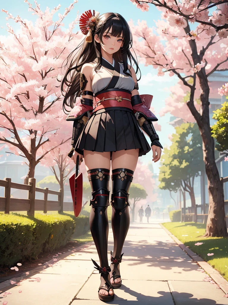 ((1girl, solo)), beautiful body, (perfect anatomy, perfect body, perfect hands, perfect legs), (five fingers:1.5), natural proportions, sexy body, (((large breasts))), cowboy shot BREAK
((extremely detailed face)), (beautiful detailed eyes:1.6), (realistic pupils, realistic iris:1), expressive eyes, looking at viewer, (clear eyes:1.3), (hyperrealistic:1.2), (detailed skin texture:1.2), smooth skin, (((mature female))), (black hair:1.5), (red eyes:1.3), long hair, (straight hair:1.5), (((bangs))), ((blunt bangs)), hair ornament, hair flower, (detailed lips:1.2), (attractive lips:1.1), (glossy lips:1.1), (parted lips), perfect face, perfect eyes BREAK
Samurai, japanese clothes, (short kimono:1.5), sleeveless, elbow gloves, (arm guard:1.5), (micro mini skirt:1.5), pleated skirt, black skirt, zettai ryouiki, thighs, black thighhighs, (greaves:1.3), skindentation, tassel, shimenawa BREAK
Outdoors, day, (spring:1.3), (((cherry blossoms))), nature, ((trees)), forest, ((ancient japan)), medieval fantasy BREAK
(masterpiece:1.5), anime-style, top quality, best quality, (beautiful and aesthetic:1.2), (ultra detail:1.5), Ultra-detailed depiction, Ultra-precise depiction, extremely detailed 8k illustration, high resolution, (highly detailed shading:1.2), (realistic lighting:1.4), perfect lighting, vibrant colors, dynamic tones, striking hues, 8k, absurd resolution, perfect shadows, hdr, UHD, ambient lighting, realistic, ultra-realistic, photo realistic, highly detailed, rich detail, luminous colors, fine texture, intricate design, professional illustration, (soft light:1.2), (illustration:0.7)