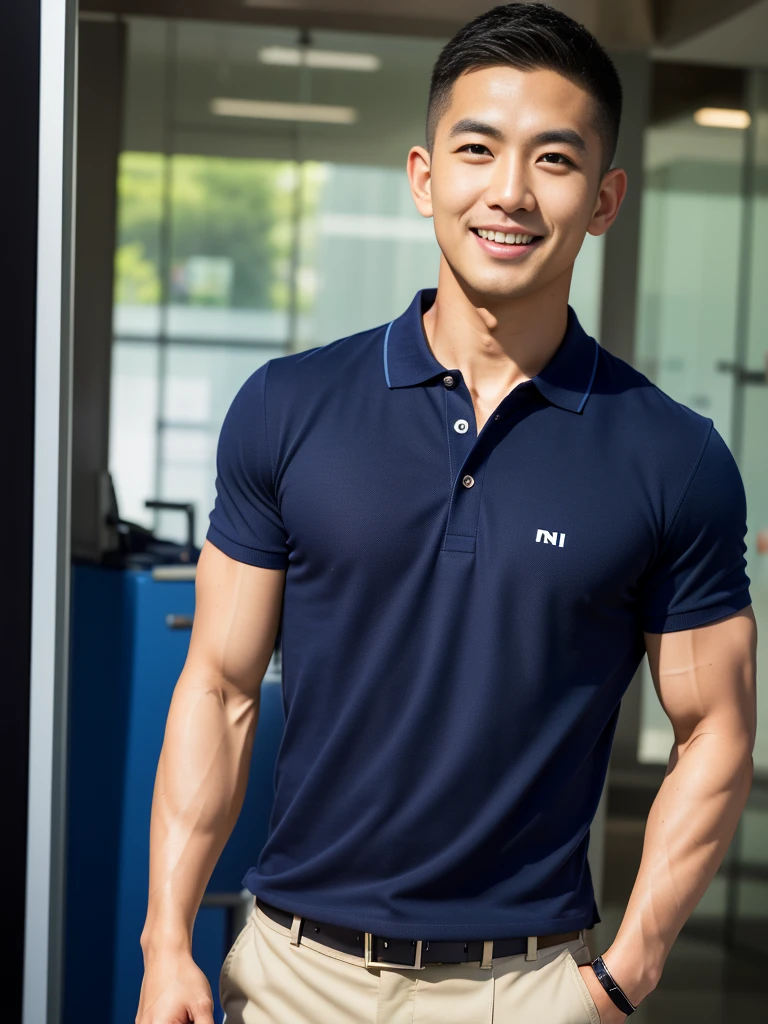 (Create a masterpiece: 1.2),(CGI art:1.3),(realistic:1.5),(After processing:1.3),(Sharp focus:1.3),10,1 man, smile, (Wear a navy polo shirt...), Navy cargo pants, Korean guy , korean men, (High gloss details), chest muscles, large arm muscles, blood vessel, Big muscles, Broad shoulders, looking at the audience, Balancing the eyes, supermarket, 