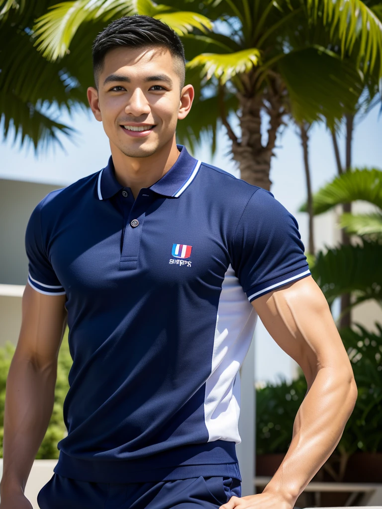 Change the background to a vast grass field. blue sky young man,handsome,Thai people,teenager