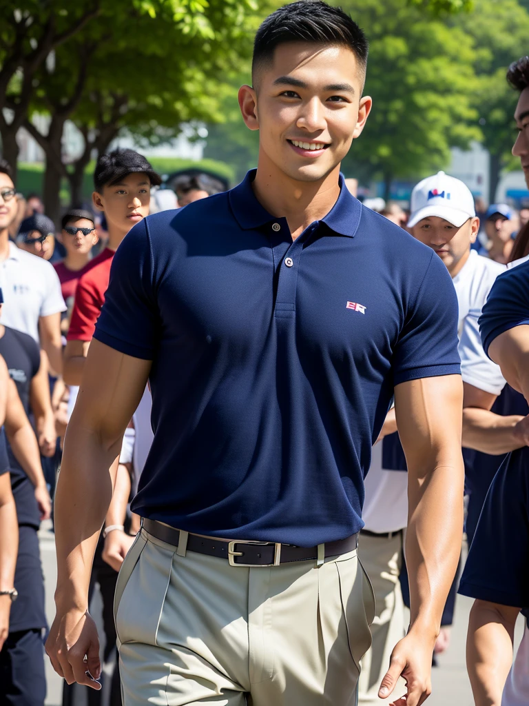 (Create a masterpiece: 1.2),(CGI art:1.3),(realistic:1.5),(After processing:1.3),(Sharp focus:1.3),10,1 man, smile, (Wear a navy polo shirt...), Navy cargo pants, Korean guy , korean men, (High gloss details), chest muscles, large arm muscles, blood vessel, Big muscles, Broad shoulders, looking at the audience, Balancing the eyes, supermarket, 