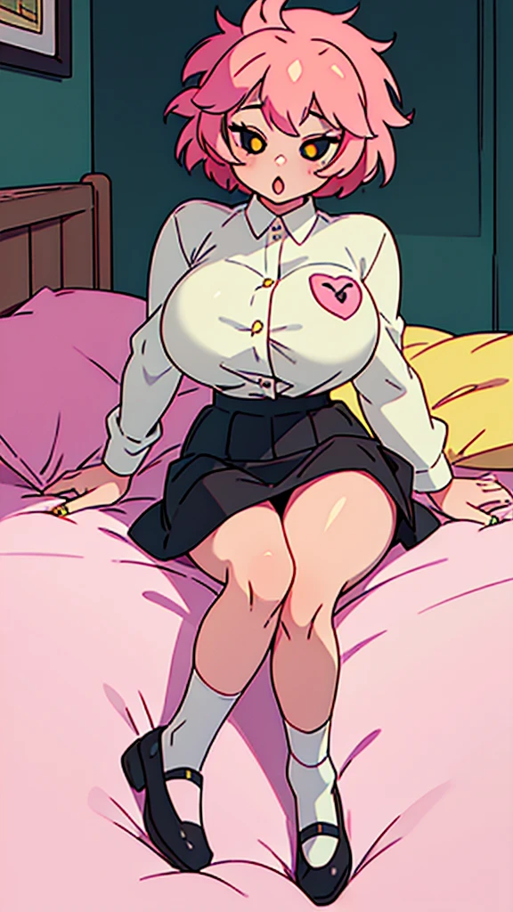  a beautiful sexy woman big breast beauty pink skin short pink hair tousled her black eye yellow pupil wears a white button-down shirt and a short dark green skirt pair of white socks long black shoe sex love bed relationship oral sex 
