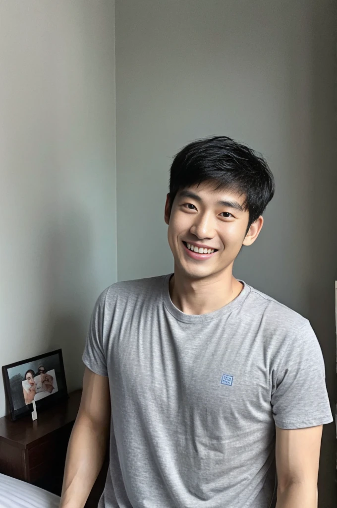 Korean man, Inspiration from Peng Yuyan, 30 years old, 236 years old, Cute Korean Face, 35 yo, 33 year old Korean muscular man，The bedroom is in the back. gray t-shirt, open mouth smile