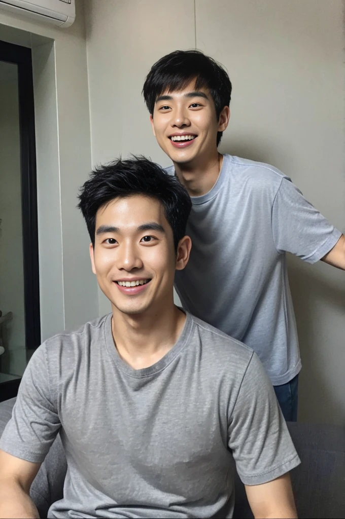 Korean man, Inspiration from Peng Yuyan, 30 years old, 236 years old, Cute Korean Face, 35 yo, 33 year old Korean muscular man,The bedroom is in the back. gray t-shirt, open mouth smile