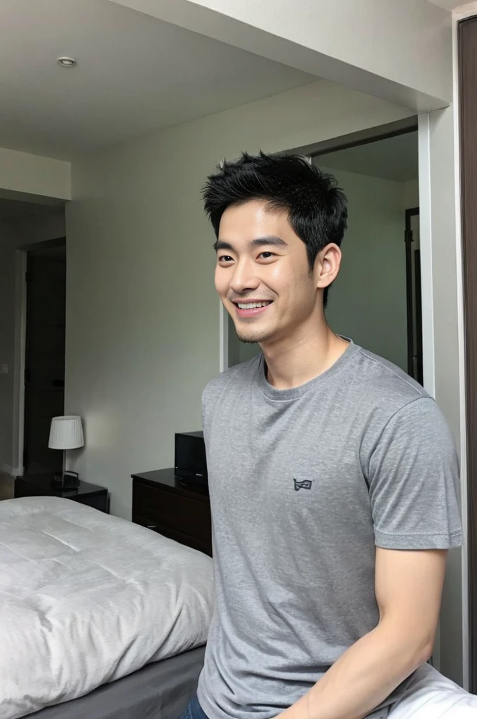 Korean man, Inspiration from Peng Yuyan, 30 years old, 236 years old, Cute Korean Face, 35 yo, 33 year old Korean muscular man,The bedroom is in the back. gray t-shirt, open mouth smile