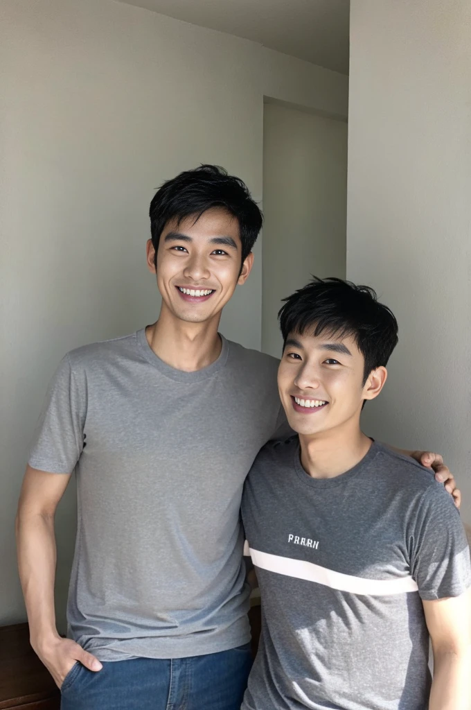 Korean man, Inspiration from Peng Yuyan, 30 years old, 236 years old, Cute Korean Face, 35 yo, 33 year old Korean muscular man，The bedroom is in the back. gray t-shirt, open mouth smile