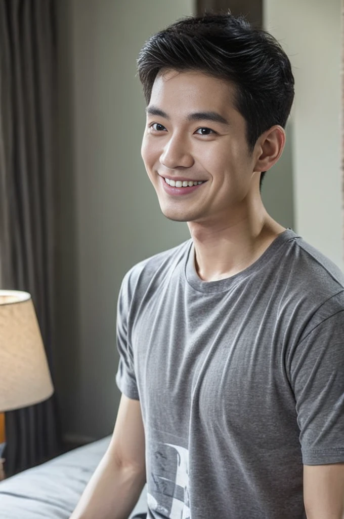 Korean man, Inspiration from Peng Yuyan, 30 years old, 236 years old, Cute Korean Face, 35 yo, 33 year old Korean muscular man，The bedroom is in the back. gray t-shirt, open mouth smile