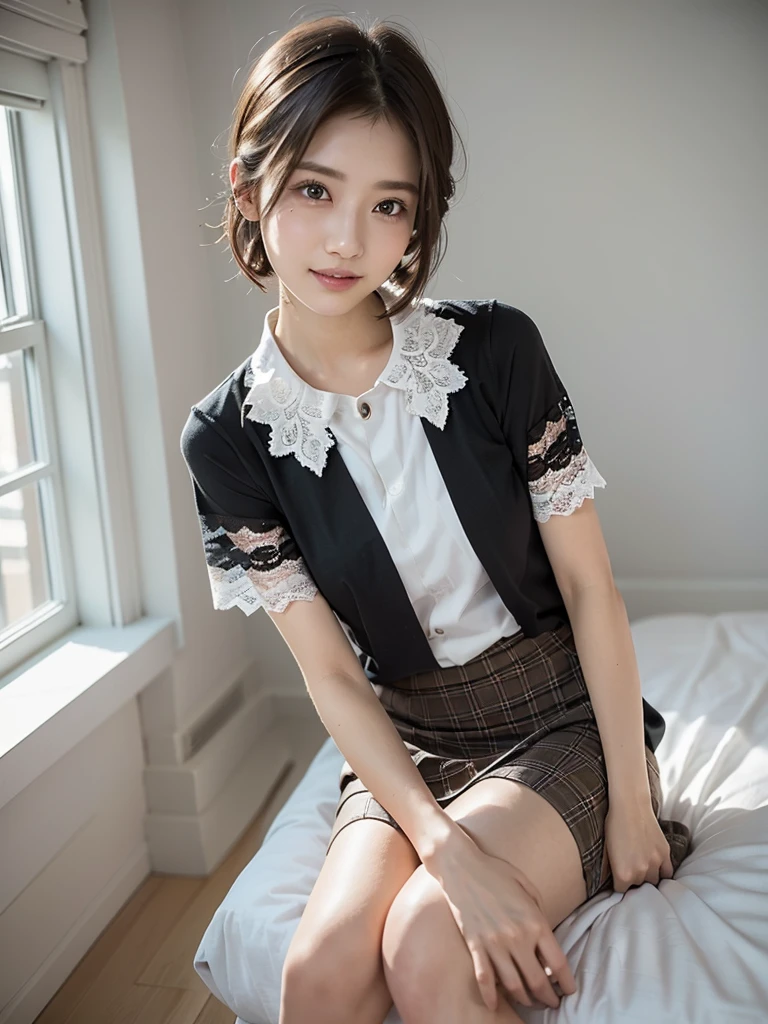 (Highest quality:1.9)、(High resolution)、Live-action image quality、((19 year old female university student、1 person))、Soft lighting by a professional photographer、Natural light、((Very spacious white luxurious room:1.6))、((Bright white room:1.6))、(Standing in front of a very luxurious white bed:1.2)、(White bookshelf background:1.1)、Natural soft light、((Black Hair Color:1.1))、Fair skin、Detailed Eyes、double eyelid、Slightly puffy cheeks、((Small Face:1.0))、((White lace short sleeve shirt、Please wear it with the chest open.:1.7))、((White checked skirt))、(Cute Smile)、((Girly pose 1.8))、((Straight medium-long hair:1.1))、((Full Body Shot:1.2))、((Height: 145cm))、Hands in front、Hold hands between legs、bangs、
