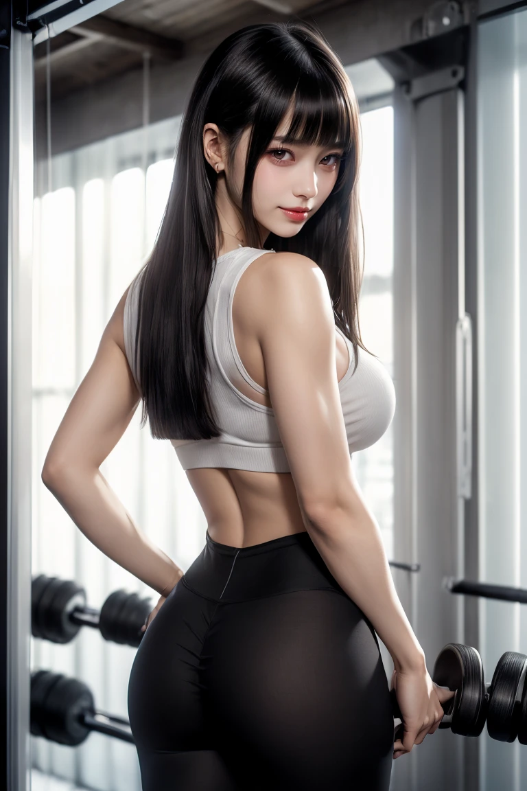 Tight tank top、Yoga Tights、armpits:1.2,Ultra-high resolution、(((Blunt bangs, Princess Van))), (((Very heavy,Voluminous bangs:1.1))),(((very length, Very heavy,Very voluminous side locks:1.1))),, Princess Cut, Straight bangs hairstyle, Round face with Blunt bangs, length, Glossless hair、The bangs are cut straight,(masterpiece, Highest quality:1.5), (ultra detailed 8k cg:1.4), (hyperRealistic:1.25), (PhotoRealistic:1.25), (Realistic:1.4), Cowboy Shot,(Smile 1.3), Beautiful Japanese Girl, , Supermodel, Japanese Idols, (Grin), (Big Breasts:1.5), Sweat、(Turning around at the gym:1.5)、Accentuate your cleavage、Black Hair:1.2、(Back view、Full body image:1.5)、((Real person:1.5))、Perfect balance、(turn around:1.2)、(From below:1.2）、Butt crack