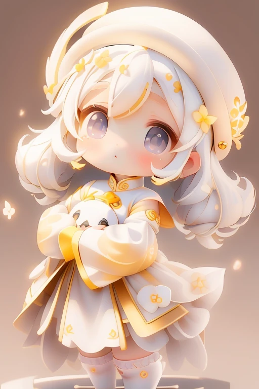 Girl Amber Chibi, , Medium Pastel White, Luxury Fabric, Dithering, Widespread,Viewer Lucky Yellow White,Ao dai dress、、There are no protrusions on the head、There are no protrusions on the head、hat,high quality、high resolution、Ultra delicate、Cute big eyes beautiful cute