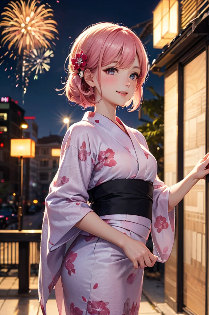(Best Quality,High resolution,8K,finelity detailed background,Masterpiece:1.2),beautiful girl,Shiny pink hair,messy hair,Beautiful pink eyes,Gentle look,A refreshing look,Best quality,Best Quality,Aesthetic and aesthetic:1.2,Best details((Super detailed))(High-definition CG illustrations),yukata(Floral),Slender body,night,Fireworks display,Fireworks in the background,Fireworks,smile,blush,cute,Scrounge,Looking up,Being spoiled,super model