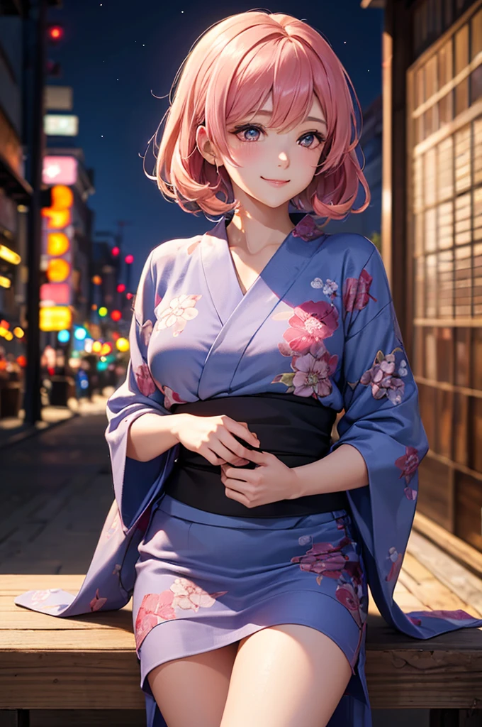 (Best Quality,High resolution,8K,finelity detailed background,Masterpiece:1.2),beautiful girl,Shiny pink hair,messy hair,Beautiful pink eyes,Gentle look,A refreshing look,Best quality,Best Quality,Aesthetic and aesthetic:1.2,Best details((Super detailed))(High-definition CG illustrations),yukata(Floral),Slender body,night,Fireworks display,Fireworks in the background,Fireworks,smile,blush,cute,Scrounge,Looking up,Being spoiled,super model