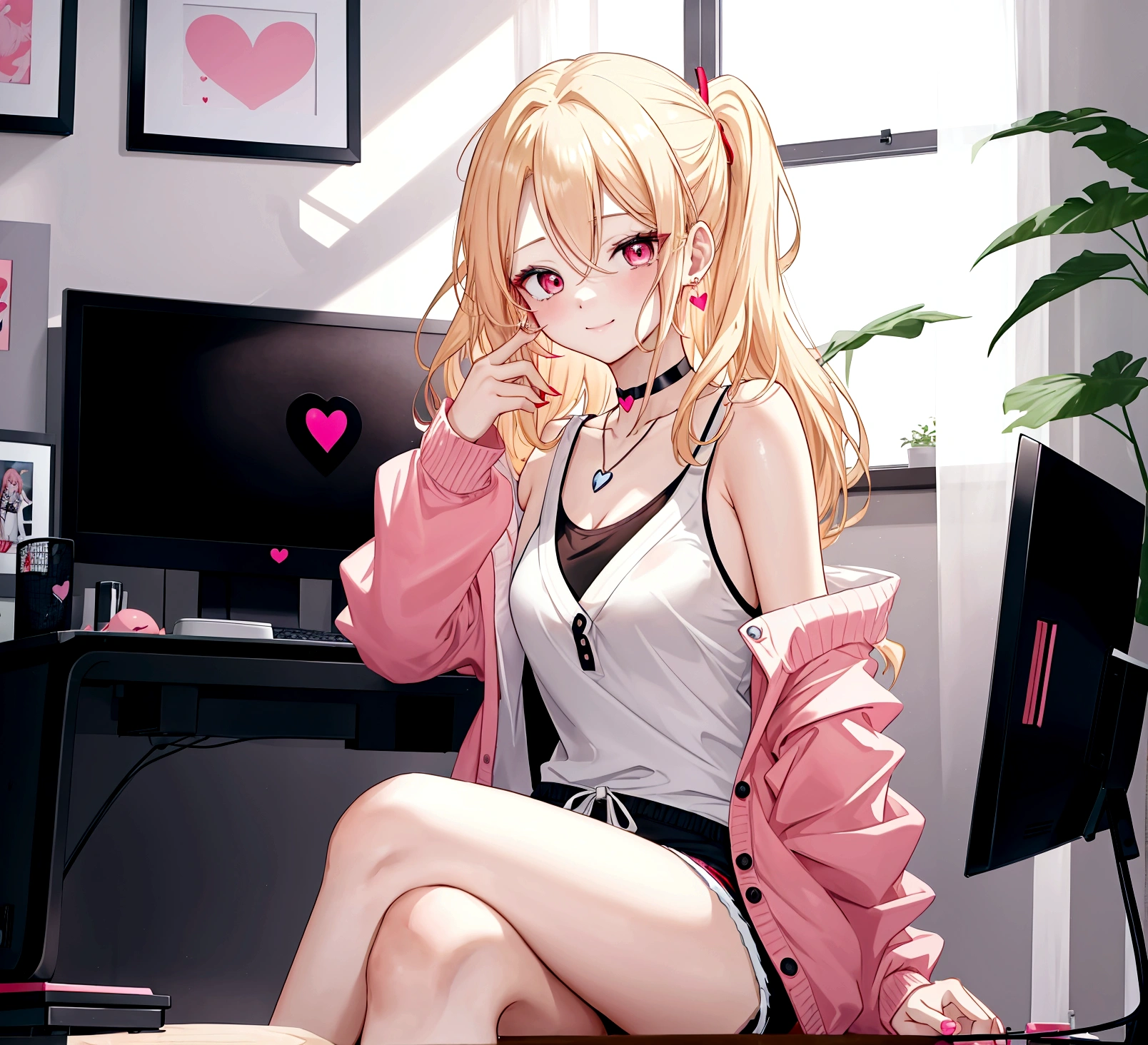 ((최고의 품질)), ((걸작)), (상세한), 여자 1명, Create an anime-style digital artwork of a character with long, straight, sleek blonde hair and bright red eyes. The character is wearing a white cardigan over a black tank top and dolphin shorts. She is accessorized with a pink heart pendant choker and long, decorative earrings. Her hair features a red heart hairpin on the side. The character is sitting in her room in front of a desktop computer, smiling warmly. The background should show a cozy room with soft lighting, with elements like a computer desk, monitor, and some personal items scattered around. The overall mood should be relaxed and inviting, capturing the essence of a casual day indoors.shiny forehead,slicked-back hair, forehead