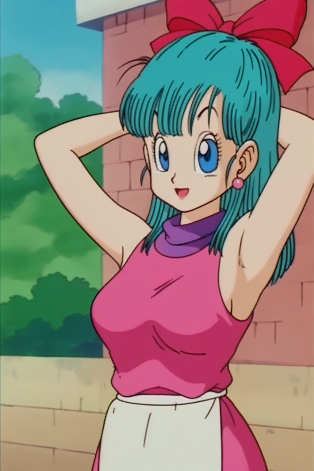 source_anime, score_9, score_8_up, score_7_up, anime screencap,
bulma \(dragonball\), aged_up, brick wall, blue skies, 1girl, solo, medium hair, blue eyes, jewelry, earrings, outdoors, sleeveless, tree, aqua hair, retro artstyle, 1990s \(style\), ((((nude showing bib boobs))))(((hands above showing armpits)))), right arm down, looking at the viewer, medium breasts, upper body, smile, standing,