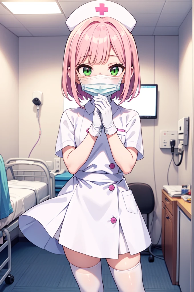 1boy, solo, male focus, nurse, white nurse cap, white nurse uniform, ((white legwear, zettai ryouiki)), white gloves, blunt bangs, pink hair, green eyes, drooping eyes, ((white surgical mask, covered nose)), standing, ((hospital room)), sharp outline, short sleeves, shota, , best quality, masterpiece