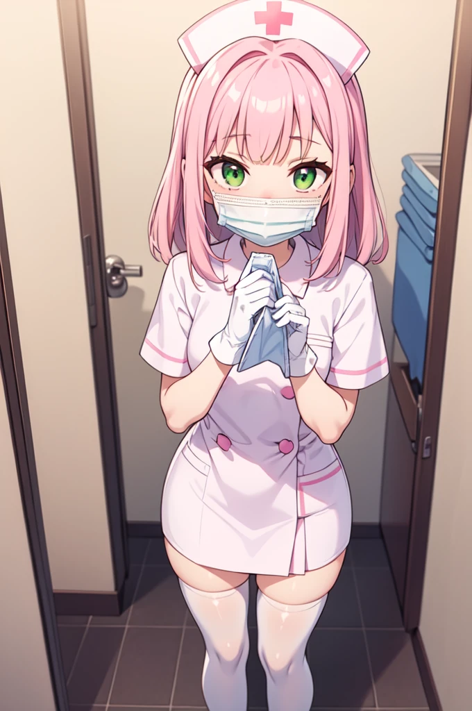 1boy, solo, male focus, nurse, white nurse cap, white nurse uniform, ((white legwear, zettai ryouiki)), white gloves, blunt bangs, pink hair, green eyes, drooping eyes, ((white surgical mask, covered nose)), standing, ((hospital room)), sharp outline, short sleeves, shota, ************, best quality, masterpiece