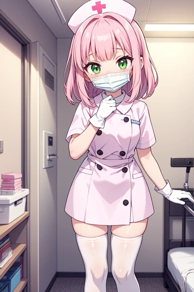 1boy, solo, male focus, nurse, white nurse cap, white nurse uniform, ((white legwear, zettai ryouiki)), white gloves, blunt bangs, pink hair, green eyes, drooping eyes, ((white surgical mask, covered nose)), standing, ((hospital room)), sharp outline, short sleeves, shota, 12 years old, best quality, masterpiece
