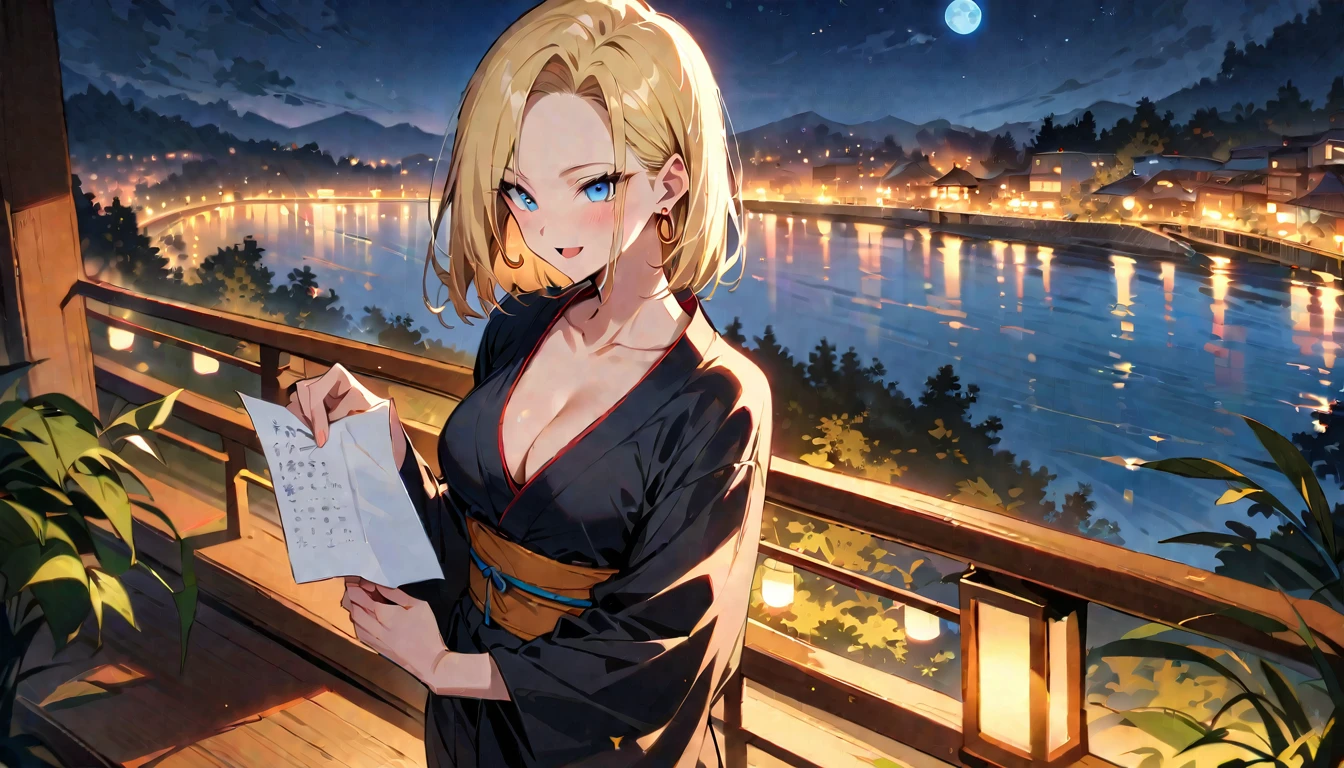(masterpiece, best quality:1.2), 1girl, (solo), Android 18 from Dragon Ball, ((black kimono)), (standing), medium breasts, blunt bangs, short blonde hair, (blue eyes), earrings on earlobes, slim, slender feminine figure, skinny body, blush, sky, magnificent view, blur background, 4K, open mouth, river, hotel, smile, (own hands together), Tanabata, night, moon, collarbone, cleavage, Japanese sandals, outside, a piece of paper,