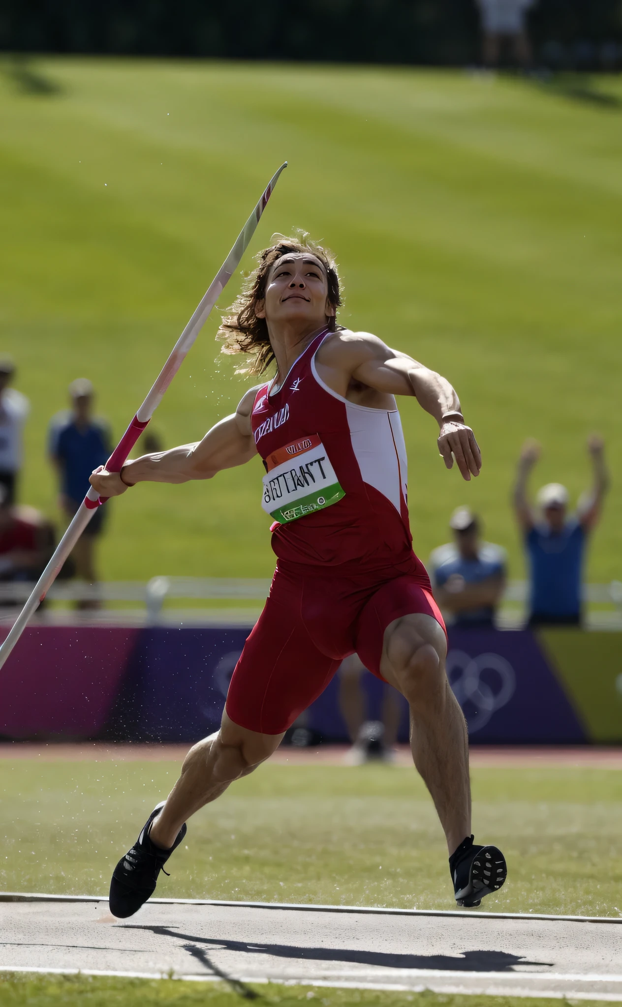 A stunning sports photograph of an Olympic javelin athlete in mid-throw, displaying incredible focus and determination. The athlete is dressed in a red and white track suit, with sweat dripping down their face. The javelin glints in the sunlight as it soars through the air. The background reveals a vast, sunlit field with a few spectators in the distance, cheering on the athlete., photo