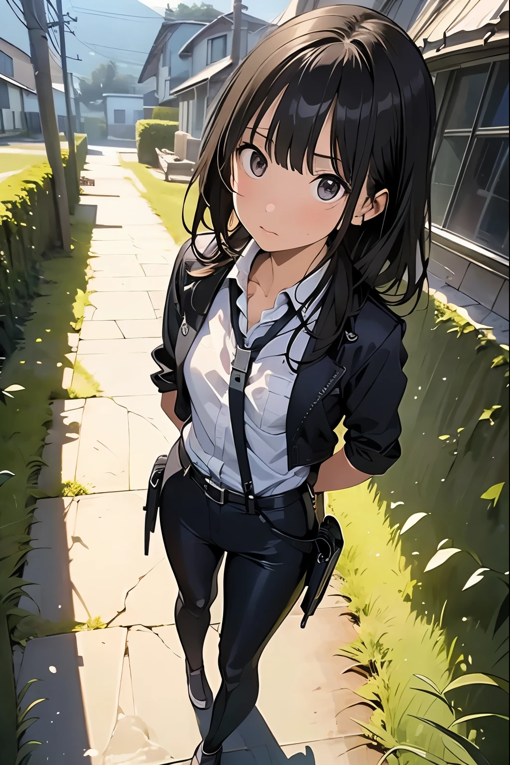 high quality, masterpiece, Ultra-high resolution, (realism: 1.4), Oil painting style, Cinema Lighting, An endless grassland dotted with a few houses, I stood on the empty asphalt road and looked at it., Fairy Mountain々was shrouded in mist, And the suspenders with the cranes flying　　　Moderate breasts　 　 　　　　Small face　 　　　holster　　　　　　　 Lying in bed　Looking up　　　　Sweat 　　　belt　summer　脇Sweat 　Black Hole Gloves　suit　shirt　　Black jacket　 Black trousers　Leg Links　ズボンにbelt　　holster　 　　Hands behind your back　 Anxious expression　Looking up　Anxious face