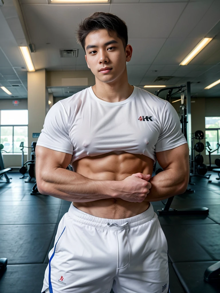 (best quality, 4K, 8K, high resolution, Masterpiece: 1.2), Special details, (realistically, As realistic as a photo, photo realistic: 1.37), Edge lighting, Extra detailed coloring, sharp focus, Physical rendering ,Extremely detailed description,professional,light color,Bokeh,Portrait,look at the viewer,
Young Asian man, 20 years old ,(tight white gym shirt)