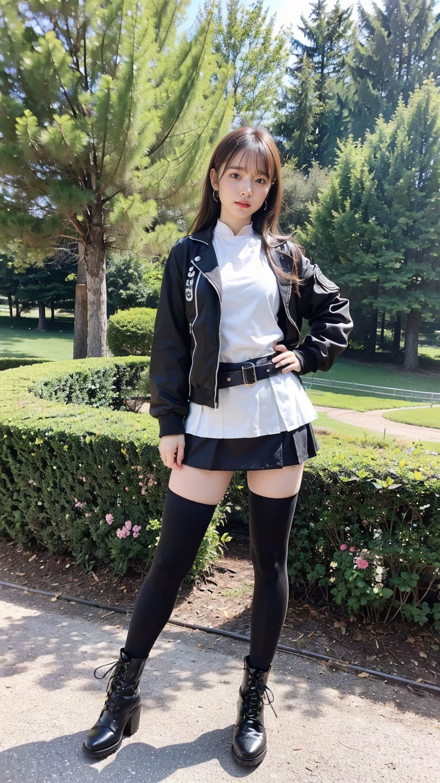 (8K、RAW Photos、Highest quality、masterpiece:1.2)、(Realistic、Realistic)、1 Girl、((Check mini skirt、Jacket、black、Thin legs、whole body、boots、one piece、tights、garden、View from the front、Looking into the camera、belt、Stand with hands on hips))、cute