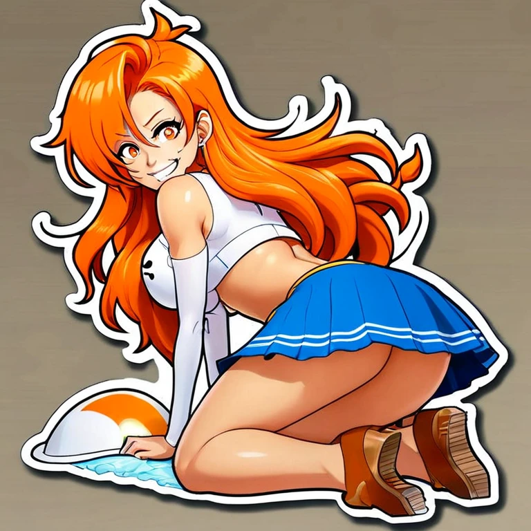 Character Stickers, STICKER, (solid outline:1.3), (NSFW:1.2), A detailed illustration of a vivid Sexy Nami from One Piece kneeling down, Nami with big breasts, see thru white top, nipples see thru, bare breasts, thin acrylic board, Nami character goods, Flat figure, 3D image, Sample images on product page, Acrylic stand and Acrylic base, acrylic panel, acrylic board, cowboy shot, full body portrait, Nami full body portrait , orange long hair, shear bra and mini-skirt type sailor uniform, Smile, summer clothes, Crazy cute, kneeling down, perfect eyes,