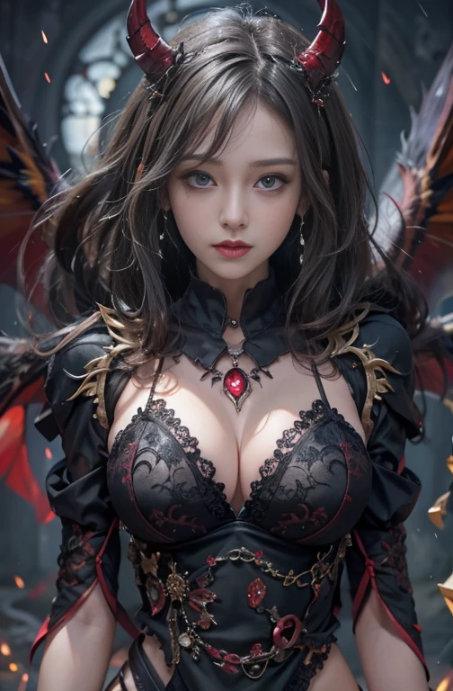 (masterpiece:1.3), (8K, Realistic, RAW Photos, Best image quality: 1.4), (Highest quality、masterpiece、Ultra-high resolution、(Realistic:1.4))Fair-skinned devil woman、blow long hair、Hair blowing in the wind、Cleavage:2.0、Highly detailed face、Attention to detail、double eyelid、Chest to chest、Sharp focus:1.2、Beautiful woman:1.4、 Brunette Hair、、Highly detailed and professionally lit smiles, Gothic Costume、Dark Street ,Shoulder out、thin、Serious expression、black goth fashion：1.2 , Short-haired、Deadly position, Gorgeous Necklace , One person、whole body, Giant black devil wings on latissimus dorsi、Rainy , Yellow Eyes、both hands, Perfect Fingers.