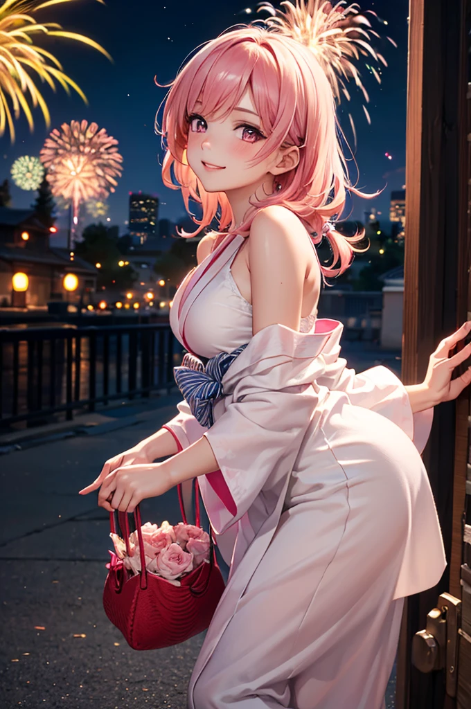 (Best Quality,High resolution,8K,finelity detailed background,Masterpiece:1.2),beautiful girl,Shiny pink hair,messy hair,Beautiful pink eyes,Gentle look,A refreshing look,Best quality,Best Quality,Aesthetic and aesthetic:1.2,Best details((Super detailed))(High-definition CG illustrations),yukata(Floral),Slender body,night,Fireworks display,Fireworks in the background,Fireworks,smile,blush,cute,Scrounge,Looking up,Being spoiled,super model