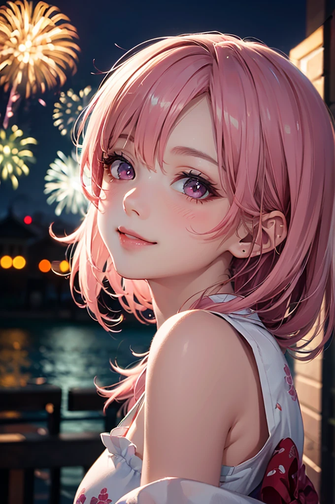 (Best Quality,High resolution,8K,finelity detailed background,Masterpiece:1.2),beautiful girl,Shiny pink hair,messy hair,Beautiful pink eyes,Gentle look,A refreshing look,Best quality,Best Quality,Aesthetic and aesthetic:1.2,Best details((Super detailed))(High-definition CG illustrations),yukata(Floral),Slender body,night,Fireworks display,Fireworks in the background,Fireworks,smile,blush,cute,Scrounge,Looking up,Being spoiled,super model