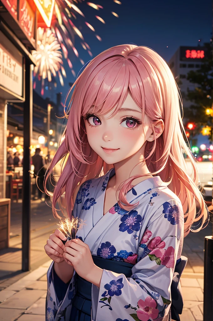 (Best Quality,High resolution,8K,finelity detailed background,Masterpiece:1.2),beautiful girl,Shiny pink hair,messy hair,Beautiful pink eyes,Gentle look,A refreshing look,Best quality,Best Quality,Aesthetic and aesthetic:1.2,Best details((Super detailed))(High-definition CG illustrations),yukata(Floral),Slender body,night,Fireworks display,Fireworks in the background,Fireworks,smile,blush,cute,Scrounge,Looking up,Being spoiled,super model