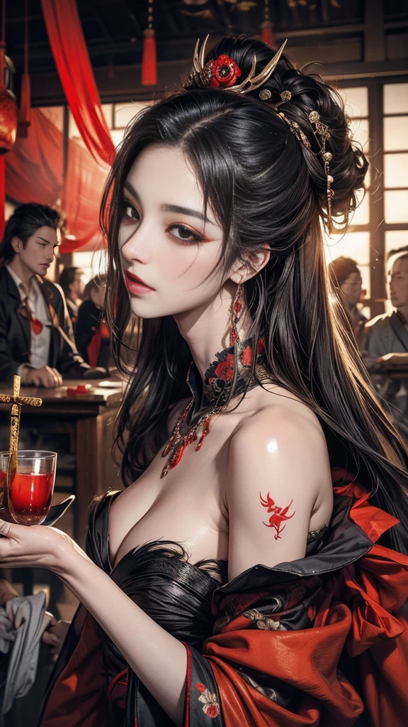 Beautiful demon painting, Demon woman with a Japanese sword, A strong female warrior, gambling, Beautiful black-haired demon, Beautiful red kimono, Oiran, The highest ranking prostitute, Ghost Girl, Female Yakuza, Inspired by Chen Yifei, Works that influenced Francesco Hayes, Inspired by Hendrik Terbruggen, Jean=Works that influenced Auguste Dominique Ingres, Inspired by Liu Jun, Jean=Works that influenced Auguste Dominique Ingres, highest quality, The perfect angle, Perfect composition, Best Shot, Official Art, Cinematic Light, Figurative art, Beautiful and expressive paintings, Beautiful artwork illustration, wonderful, Cool Beauty, clear, Mysterious, highest quality, Official Art, Perfect composition,The perfect angle, Best Shot, women only, Sharp contours, pretty much beautiful face, demon of kyoto, Lord of the Demons, A cold and heartless demon woman, Demon Queen, Female Yakuza, Full Body Tattoo, wide, Rashomon, Close-up