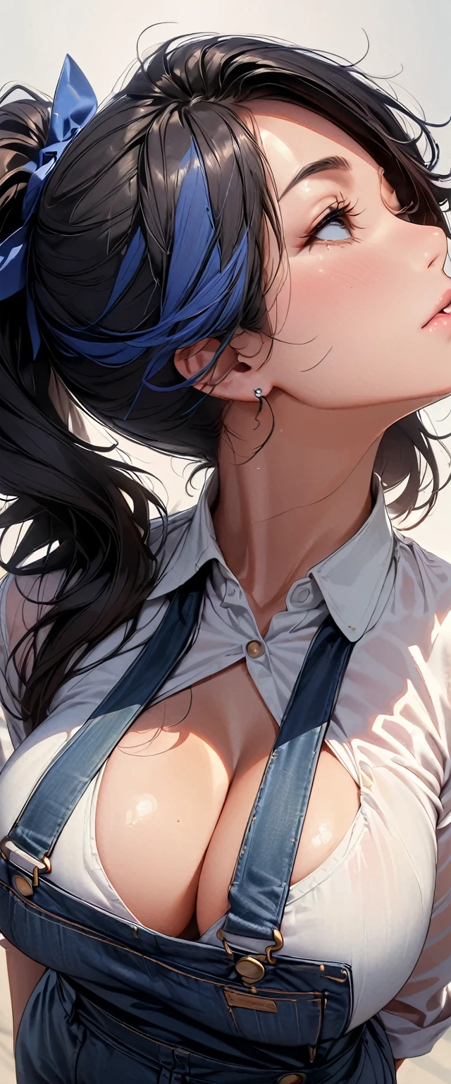 30 years old,1 mature woman,hyperrealistic, 8k, (extremely detailed 8k), (very delicate and beautiful), (masterpiece), (better quality:1.0), (ultra high resolution:1.0), (masterpiece, best quality),cute,black hair,big breasts,ponytail,POV,overalls,full body,white background,