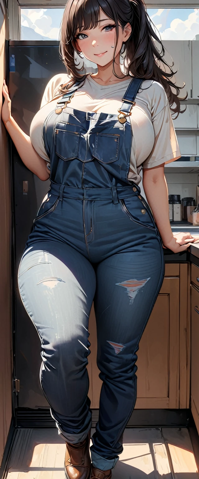 30 years old,1 mature woman,hyperrealistic, 8k, (extremely detailed 8k), (very delicate and beautiful), (masterpiece), (better quality:1.0), (ultra high resolution:1.0), (masterpiece, best quality),cute,black hair,big breasts,ponytail,POV,overalls,full body,white  background,