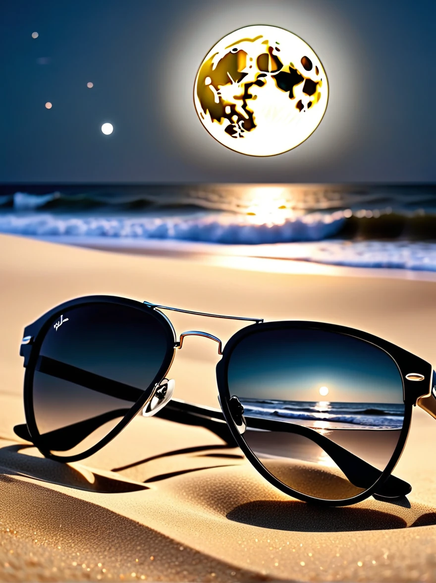 a low angle shot of a pair of sunglasses on the sand of a beach, waves in the background, full moon night, the sunglasses reflecting the moon, black and white lineart, LinhaAniAF