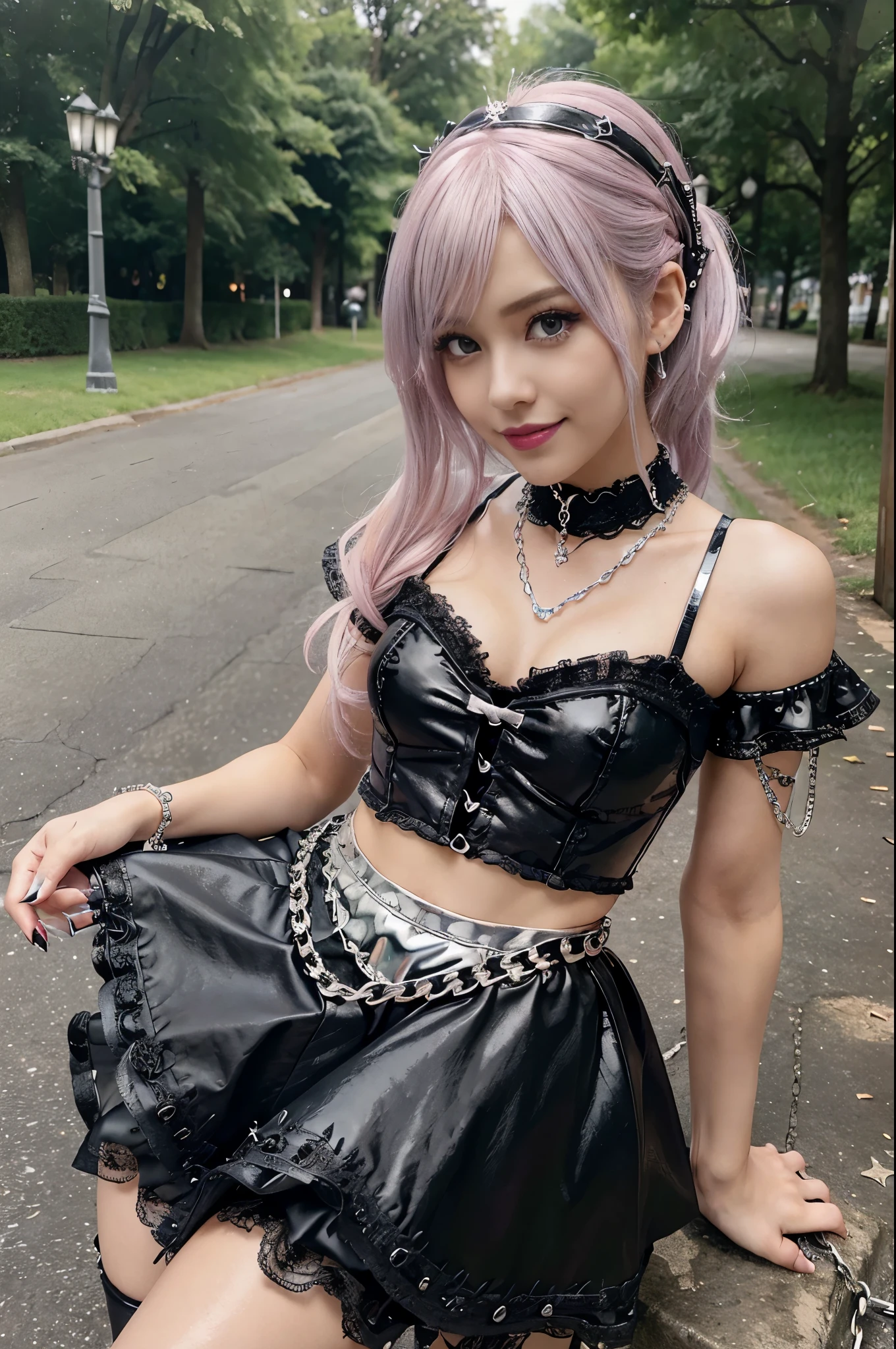 sexy stylish Swedish model, only 1 female, ((doll-like appearance)), very short neon pink stylish hair, ((shiny Punk-Style boots)), (happy smile), ultra detailed eyes, long lashes, metallic makeup, lip-gloss, ((sexy Punk ta cosplay)), unconventional skirt, petticoats, high neckline, ((ultra detailed lace)), ((ultra detailed embroidery)), intricate details, tartan patterns, (silver chains), (silver spikes), Punk Loliccessoires, Punk Lolita cr, ((large sparkling Punk Lolita jewel, cinematic light, detailed large park background with trees