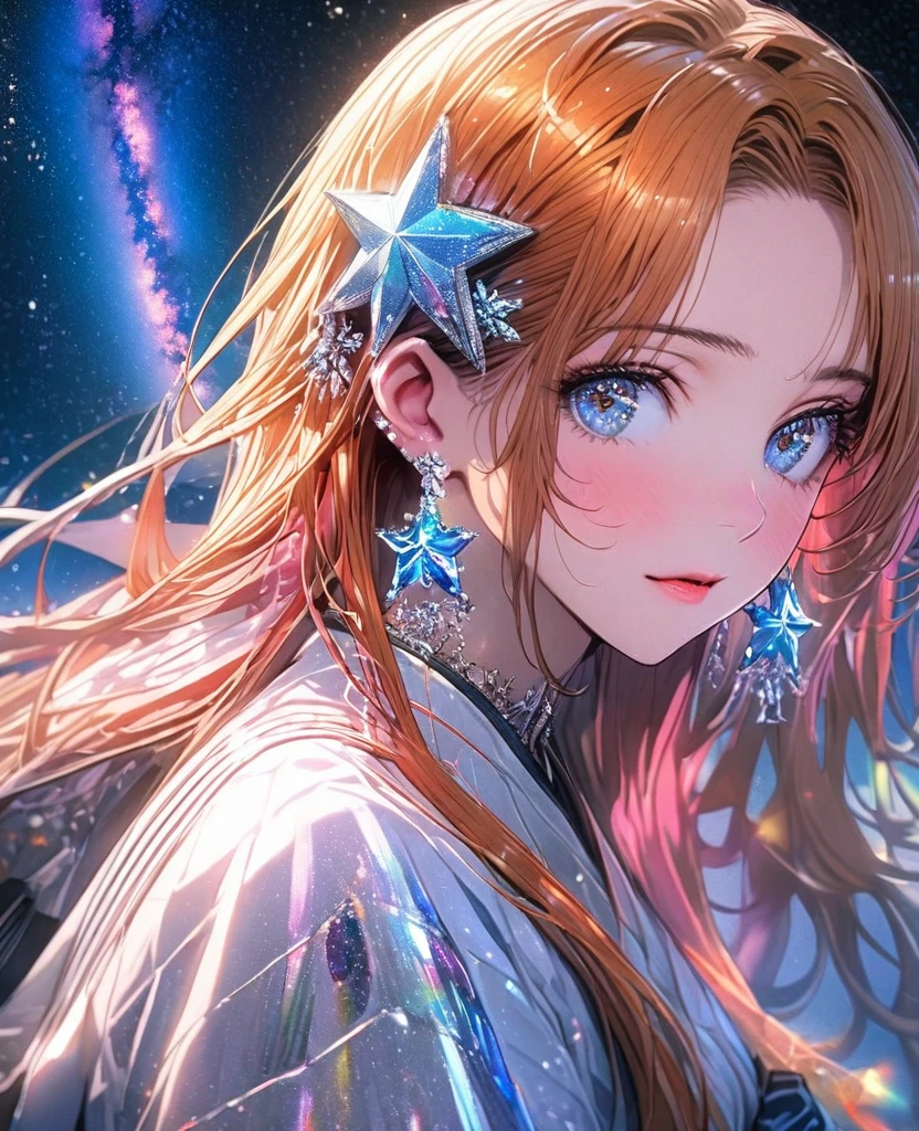 8K,gal,an extremely delicate and beautiful,Beautiful and realistic skin,Shiny jewel-like earrings,Long colorful hair,beautiful eyes,full body,head to toe,beautiful regs,orihime,beautiful milky way,beautiful tinkle stars ,Star of the sky