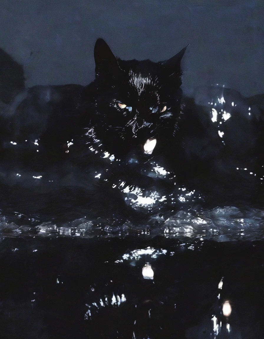 black cats in black water, night background