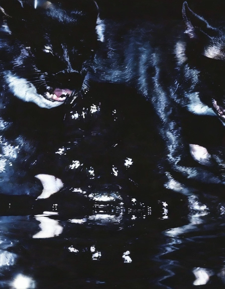 black cats in black water, night background