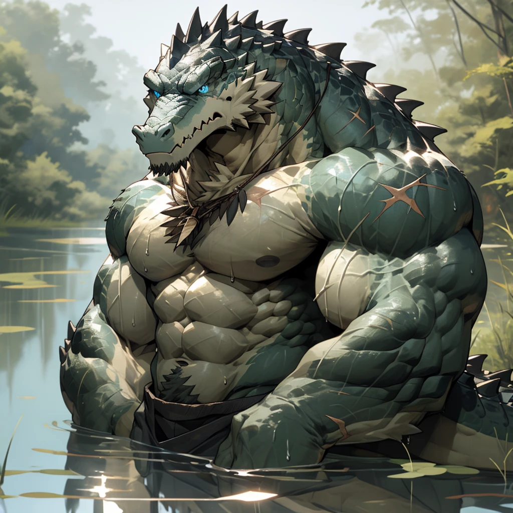 sweating a lot,muscular,Topless,wetlands,hairy,personification,Serious face(scars in the face) Mature (blue eyes)Huge muscle ripped abs wild,Crocodile of tribal ambition