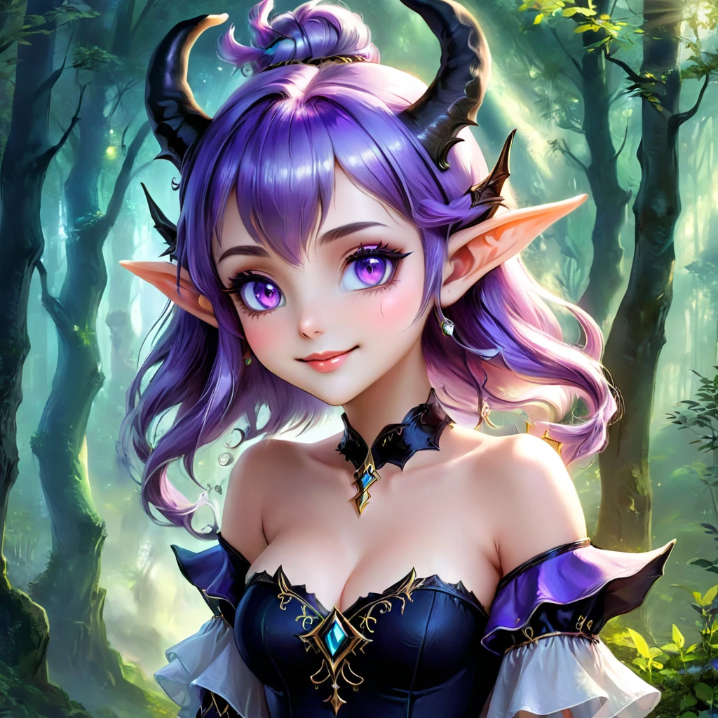 masterpiece, Highest quality, Very detailed, High resolution, An expensive solution, High resolution, masterpiece, depth, Fine texture, Highest quality, Total concentration, (very pretty anime Elf Girl), (Beautiful Gothic Elf Woman, Young Elves, Elf Girl, pretty girl, Young girl),Has horns on its headがある, Grin, smile, (A chic dress with beautiful details, Fluffy long sleeves, ), Purple eyes, Long eyelashes, eyeliner, Huge thighs, Wide Hips, Tight waist, ( Purple hair), (Light Hair, Long Hair), bangs, Gradient Hair), Shiny Hair, Forest as a background, Fantasy art, 8k high quality detailed art, A fusion of realism and colorful fantasy, Gothic art style, Fantasy art style, a beautiful fantasy Young Elves, CGI anime Fantasy artwork, charm, Seductive posture, Full Body Shot,Vibrant colors, 自信に満ちたsmile, gentle smile, Beautiful attention to detail, Beautiful lip detail, Very detailed目と顔, Long eyelashes, Vibrant colors, Professional, Very detailedな, Intricate details, Volumetric lighting, Lens flare, particle,(White and platinum color scheme), mysterious, mysteriousな.Has horns on its head,Full Body Shot