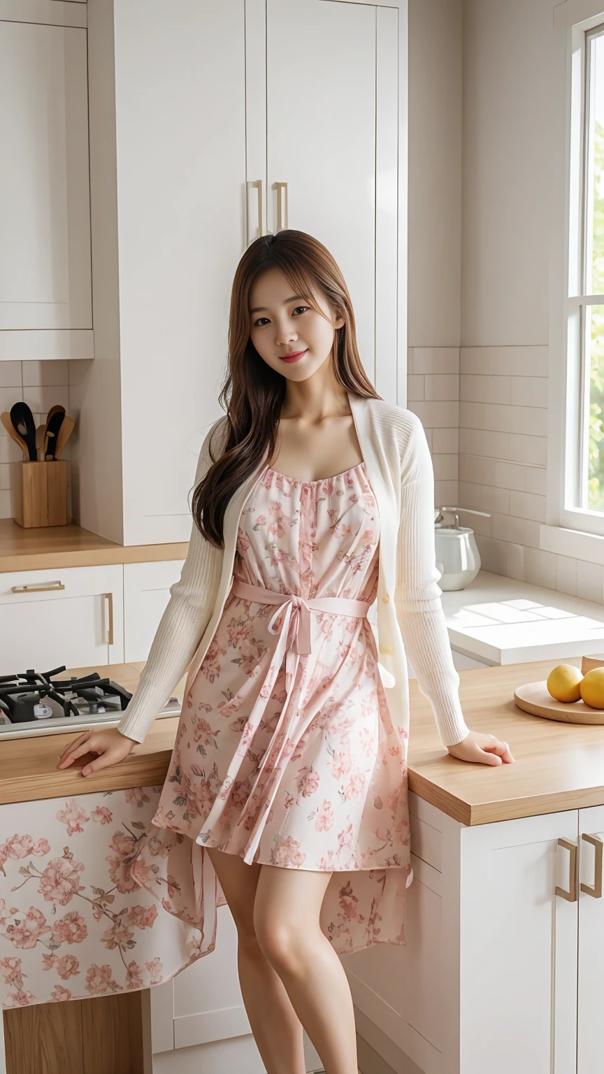 Full body shot, a young Korean woman in a white cardigan, pink floral dress, sandals,standing in kitchen, face straight to viewer, seductive pose, serene expression, cute face, detailed face, detailed clothing, detailed background, natural lighting, warm colors, beautiful scenery, intricate details, highly detailed, photorealistic, 8k, ((masterpiece)), cinematic style, portrait