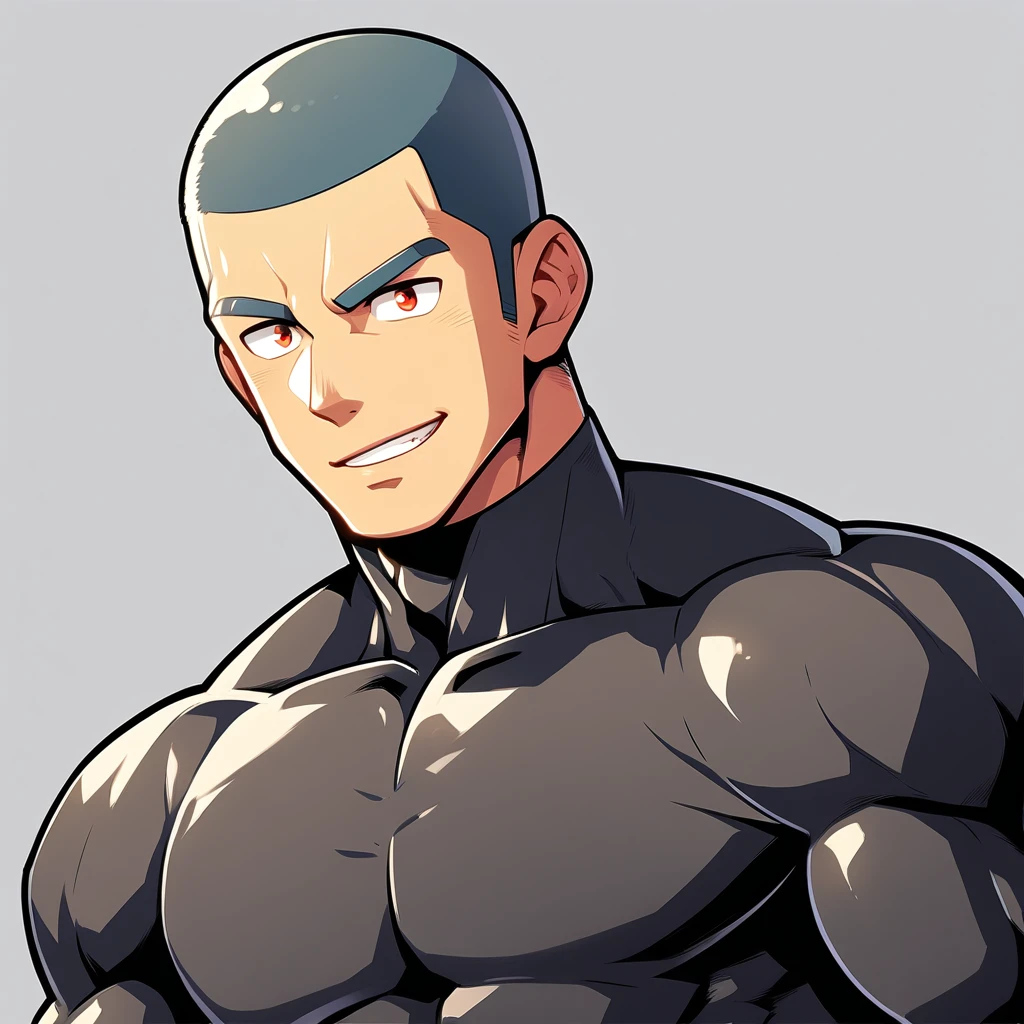 anime characters：Gyee, Muscle Sports Student, Buzz Cut, Manliness, male focus, Cute boy with big eyes, Mike White high collar long sleeve tight T-shirt, Slightly transparent material, Very tight, Round, full and perky chest muscles, Slightly transparent, muscular male, muscular, only, Upper body, alone, Black short hair, Thick eyebrows, stubble, Cute little eyes, Brown-red pupils, Grey background, simple background, amazing quality, best aesthetics, Ridiculous, crew cut, parted lips, seductive smile, torogao, naughty face, drop shadow, best quality