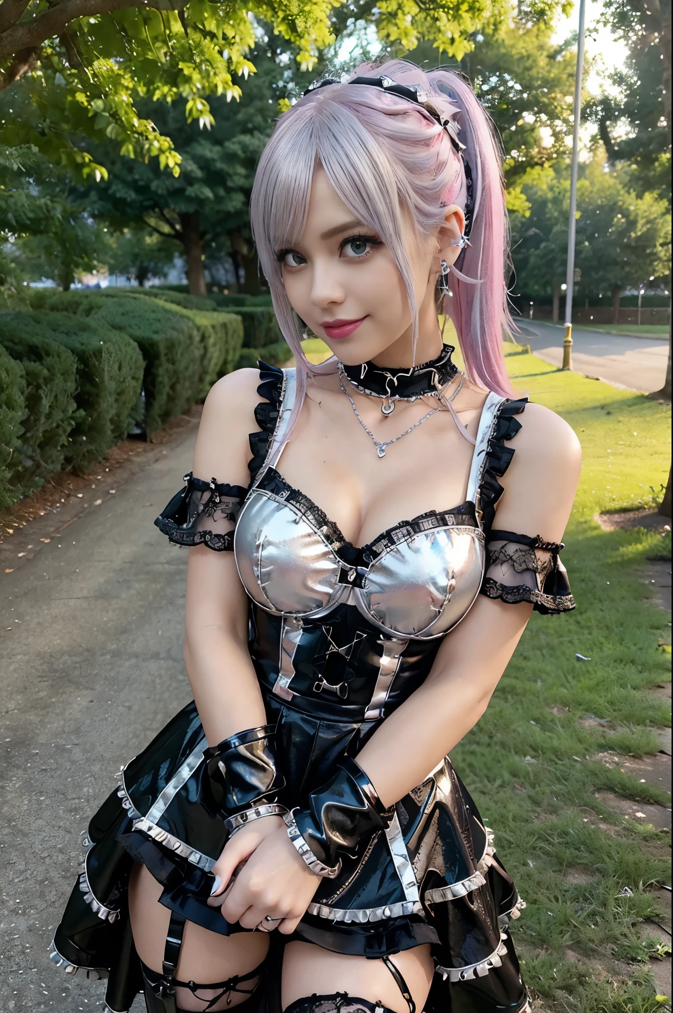 sexy stylish Swedish model, only 1 female, ((doll-like appearance)), very short neon pink stylish hair, ((shiny Punk-Style boots)), (happy smile), ultra detailed eyes, long lashes, metallic makeup, lip-gloss, ((sexy Punk Lolita cosplay)), unconventional skirt, petticoats, high neckline, ((ultra detailed lace)), ((ultra detailed embroidery)), intricate details, tartan patterns, (silver chains), (silver spikes), Punk Lolita accessoires, Punk Lolita choker, ((large sparkling Punk Lolita jewelry)), cinematic light, detailed large park background with trees