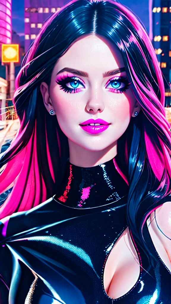 A sexy woman 19 years old , big piercing blue eyes,glitter makeup sparles loosly in her hair and onher face, long thick shiny black hair cascades down her back fair skin, full lips painted pink, looking sexy as she smiles, hot pink and black sequinsed half shirt and black leather pants with high heels curvy slender figure with a tiny waist every mans fantasy sweet kind ,goregous beyond words, skin texture, dramatic shadows and lighting, (masterpiece, best quality:1.2), high details, UHD, (city streets background:1.5), cinematic film style,
