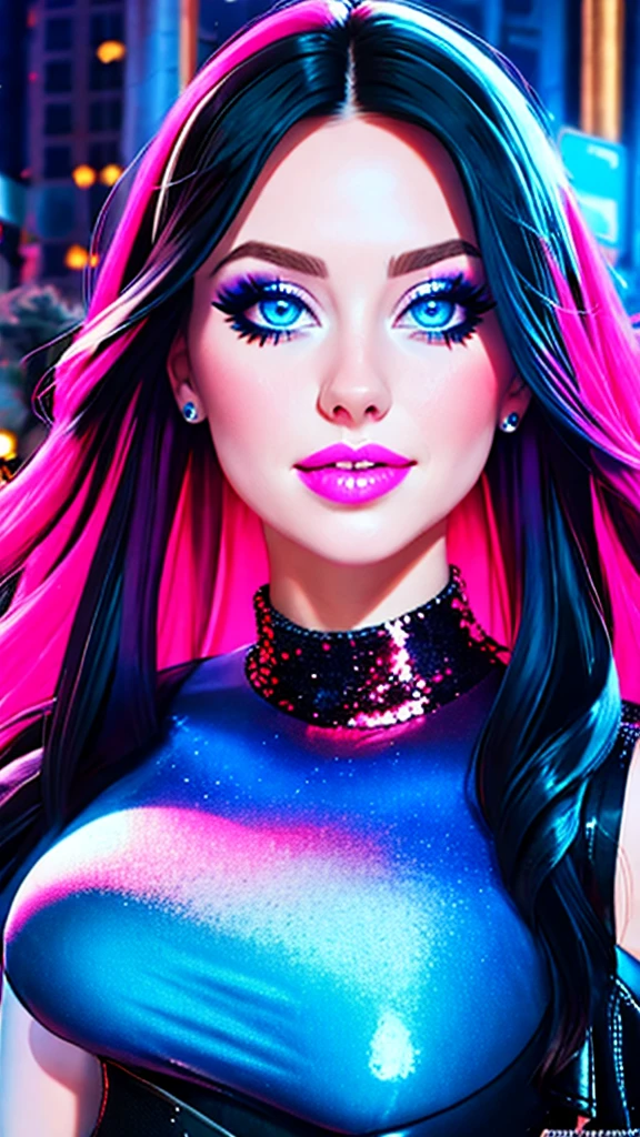 A sexy woman 19 years old , big piercing blue eyes,glitter makeup sparles loosly in her hair and onher face, long thick shiny black hair cascades down her back fair skin, full lips painted pink, looking sexy as she smiles, hot pink and black sequinsed half shirt and black leather pants with high heels curvy slender figure with a tiny waist every mans fantasy sweet kind ,goregous beyond words, skin texture, dramatic shadows and lighting, (masterpiece, best quality:1.2), high details, UHD, (city streets background:1.5), cinematic film style,
